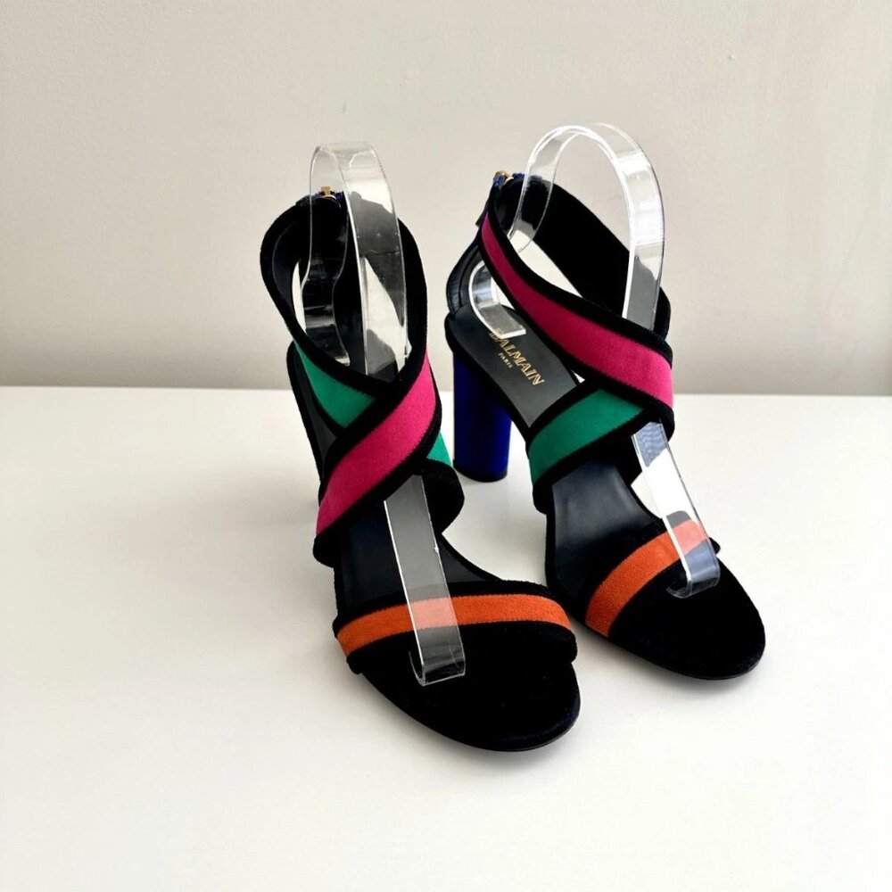NEW BALMAIN Multi Suede Colorblock Strappy Metal Heel Sandals Size 38